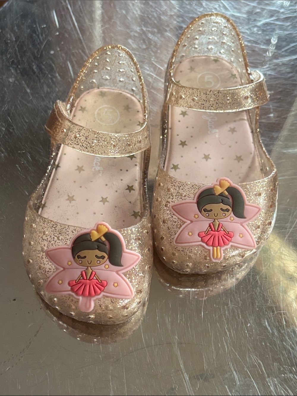 Cat & Jack Glitter Gold Mary Janes with Pink Ballerina Charm